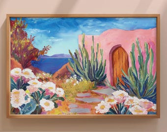 May include: A painting of a pink stucco building with a wooden door and a lush green cactus garden. White flowers are in the foreground.