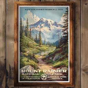 Mount Rainier National Park Poster, Washington Travel Print, Home Decor, Wall Art Painting, Hiking Gift