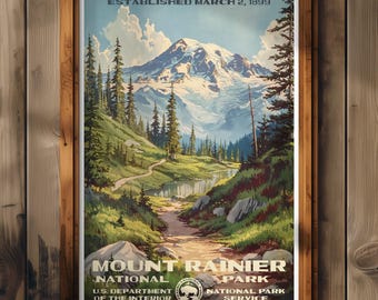 Póster del Parque Nacional Mount Rainier, lámina de viaje de Washington, decoración del hogar, cuadro para pared, regalo para excursionistas