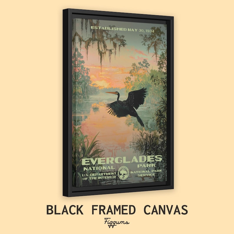 Everglades National Park Poster, Florida Travel Print, Home Decor, Wall Art Painting, Hiking Gift Framed Canvas Black