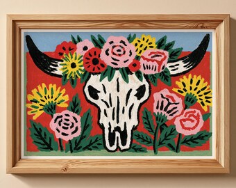 Longhorn Skull Wall Art, Western Decor Print, Floral Cow Skull Art, Southwestern Wall Decor, Ranch House Artwork