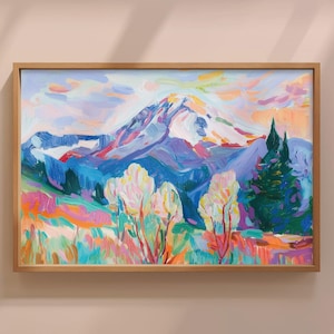 Mount Rainier Wildflower Sunset Painting, Washington Mountain Art, Pacific Northwest, National Park Print, Bold Nature Wall Decor Poster