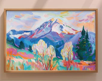 Pintura de flores silvestres al atardecer en el Monte Rainier, arte de montaña de Washington, noroeste del Pacífico, impresión de parque nacional, póster de decoración de pared con naturaleza audaz
