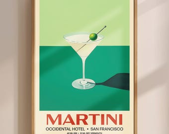 Martini Cocktail Print, Vintage Wall Art, Retro Bar Poster, Kitchen Art, Classic Vodka Gin Liquor Advertising, College Dorm Room Decor