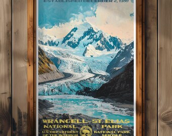 Póster del Parque Nacional Wrangell St. Elias, impresión de viaje a Alaska, decoración del hogar, pintura mural, regalo de senderismo
