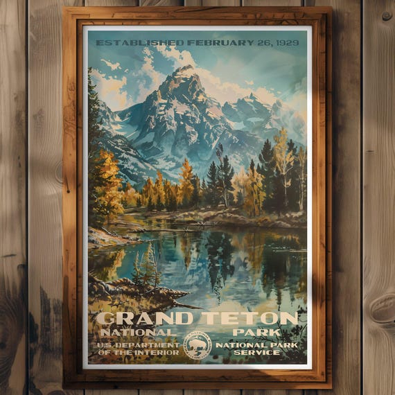 Grand Teton National Park Poster, Wyoming Travel Print, NPS Home Decor, Wall Art Painting, Hiking Gift