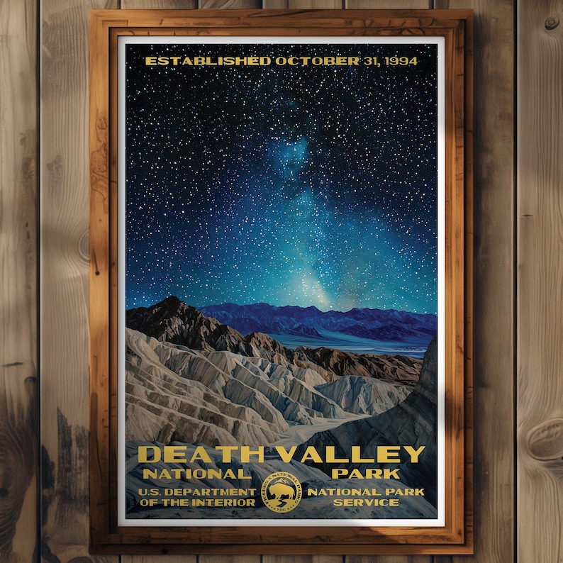 K&ouml;nnte beinhalten: Ein Vintage-Poster mit einem Nachthimmel mit Sternen und der Milchstra&szlig;e &uuml;ber dem Death Valley National Park. Das Poster tr&auml;gt den Text "Gegr&uuml;ndet am 31. Oktober 1994", "Death Valley National Park", "U.S. Department of the Interior" und "National Park Service".
