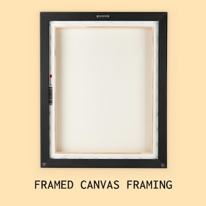 May include: Back of a framed canvas print with a black frame. The canvas is white, and the frame is rectangular. The text "FRAMED CANVAS FRAMING" is at the bottom of the image.