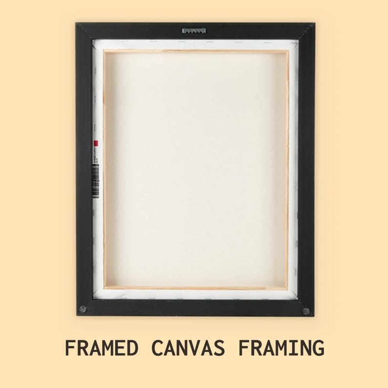 May include: Back of a framed canvas print with a black frame. The canvas is white, and the frame is rectangular. The text "FRAMED CANVAS FRAMING" is at the bottom of the image.