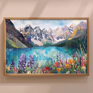Peinture du parc national Banff de Moraine Lake, art mural montagne Canada, impression fleurs sauvages alpines, décoration de paysage vintage, affiche de la nature