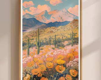 Dipinto di paesaggio vintage con fiori selvatici e cactus del deserto, stampa artistica di paesaggio con papaveri dorati, arte murale del sud-ovest, poster di arte botanica