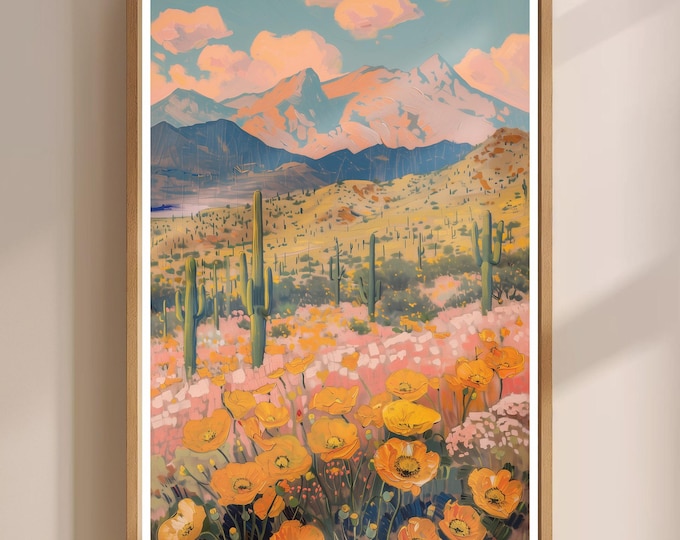 Desert Flower Cactus Vintage Wildflower Landscape Painting, Gold Poppy Landscape Art Print, Southwest Wall Art, Botanical Art Poster