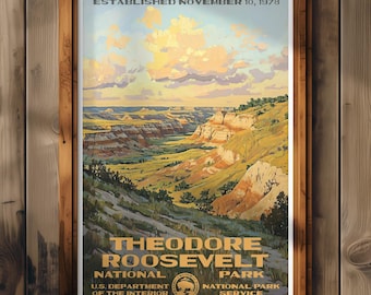 Póster del Parque Nacional Theodore Roosevelt, impresión de viaje a Dakota del Norte, decoración del hogar, pintura mural, regalo de senderismo