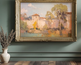 Puede incluir: Una pintura enmarcada que representa una escena de paisaje con un edificio blanco y árboles en primer plano. La pintura está sobre un fondo de cielo azul con nubes blancas.