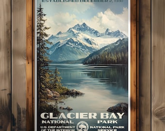 Póster del Parque Nacional Glaciar Bay, impresión de viaje a Alaska, decoración del hogar, pintura mural, regalo de senderismo