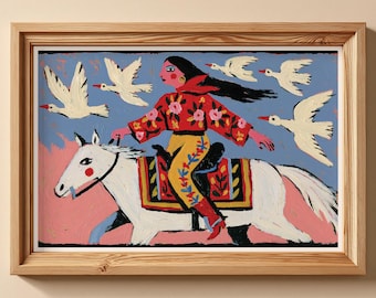 Cowgirl on Horse Wall Art, Western Decor Print, Southwestern Cowgirl Painting, Floral Western Art, Ranch Wall Decor, Free Bird Spirit