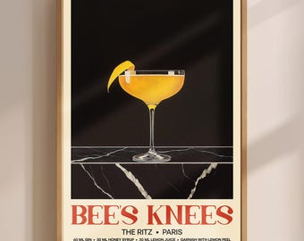 Impresión del cóctel Bee's Knees, arte mural vintage, póster retro de bar de ginebra, arte de cocina, publicidad clásica de licores, decoración de dormitorios universitarios