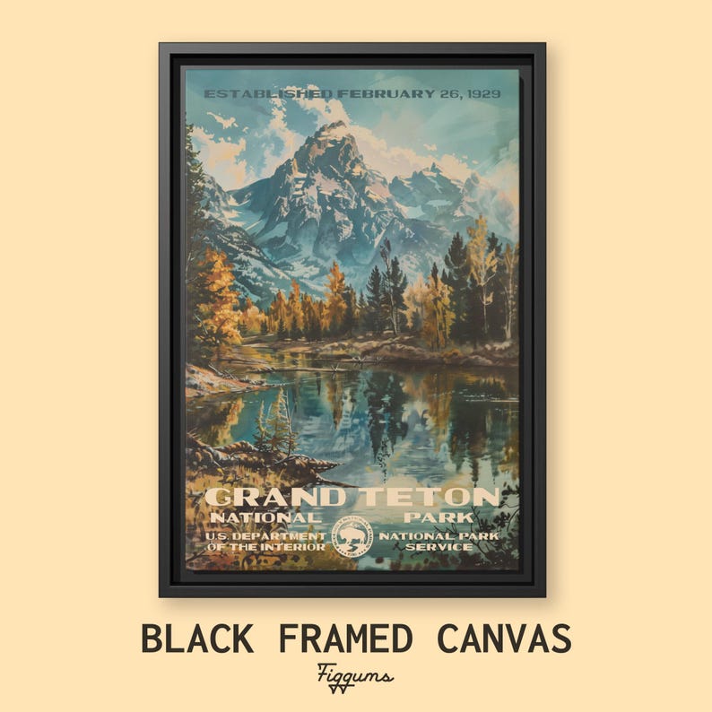 Pôster do Parque Nacional Grand Teton, Impressão de Viagem do Wyoming, Decoração para Casa do NPS, Pintura de Arte de Parede, Presente para Trilhas Framed Canvas Black