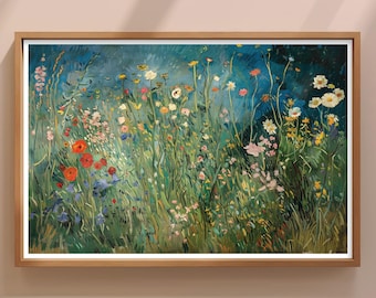 Cuadro vintage de flores silvestres de Midnight Meadow, impresión artística vintage, arte mural campestre, póster botánico