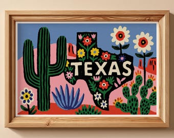 Texas Wall Art, Southwest Desert Poster, Texas Decor Print, Cactus Artwork, Wildflower Painting, Lone Star State Gift, Western Decor,