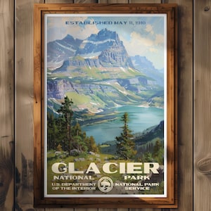 Póster del Parque Nacional Glaciar, impresión de viaje a Montana, decoración del hogar, pintura de arte mural, regalo de senderismo