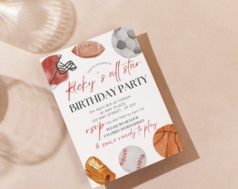 All star invitation, Sports Theme Birthday, 5th Birthday Party, Sports, Watercolor