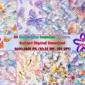 Könnte beinhalten: Ein nahtloses Muster mit 3D-Schmetterlingen in Blautönen, Rosa und Gelb auf weißem Hintergrund mit floralen Akzenten. Das Muster ist 3600x3600 Pixel groß (12x12 Zoll, 300 DPI).