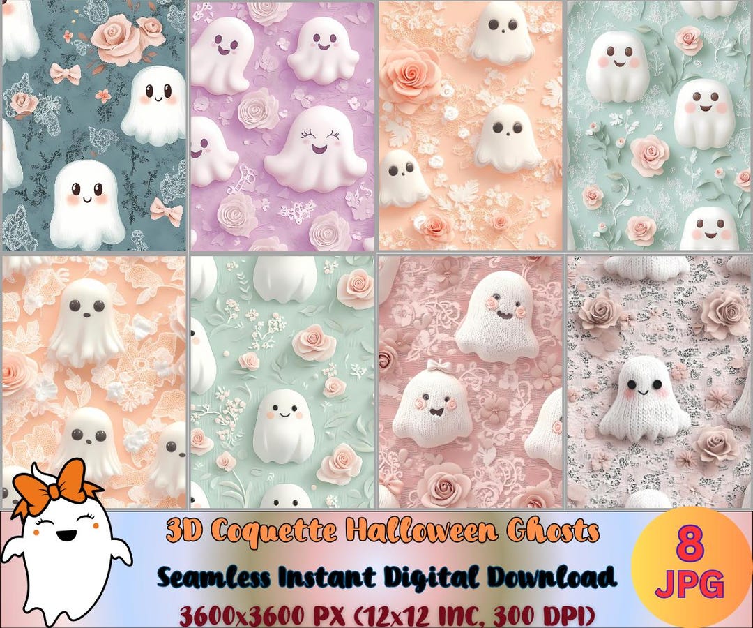 Coquette Halloween Ghosts Seamless Pattern File, Cute Trendy 3D Repeat ...
