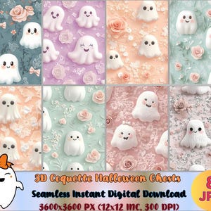 May include: A digital paper pack with eight seamless patterns featuring cute cartoon ghosts and floral designs in pink, peach, green, and white. The text "3D Coquette Halloween Ghosts Seamless Instant Digital Download 3600x3600 PX (12x12 INC, 300 DPI) 8 JPG" is at the bottom of the image.