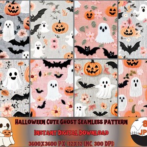 Halloween Ghost Seamless Pattern, Spooky Pumpkins and Bats (Digital Download)
