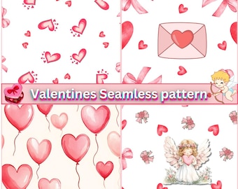 Watercolor Valentines Seamless Pattern: Hearts, Bows (Digital Download)