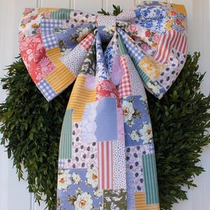 Large Spring Summer Wreath Bow Cottage Bloom Patchwork Oversized Home Decor Fabric Bow