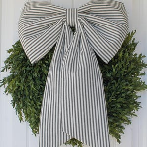 Large Neutral Wreath Bow Salt and Pepper Black and White Stripe Oversized Fabric Bow