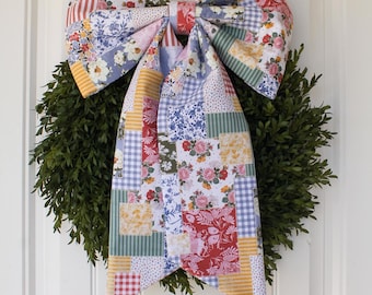 Large Spring Summer Wreath Bow Cottage Bloom Patchwork Oversized Home Decor Fabric Bow