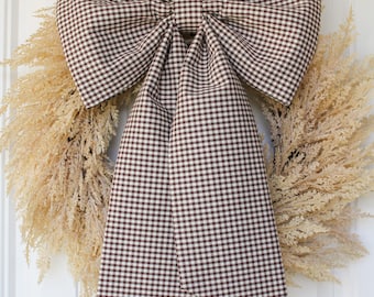 Large Brown Gingham Fall Wreath Bow Chestnut Check Oversized Home Decor Fabric Bow