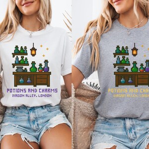 Potions and Charms | Cozy Pixel Art Wizard Shop Unisex T-Shirt Unique Magical shirt, HP fan shirt, Back to school shirt, wizard tshirt gift