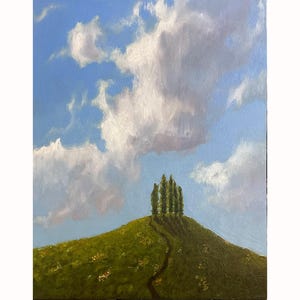 Majestic cloud landscape painting, Cypress Trees on a hill, Upward Call, billowing clouds, sky scape, original oil painting, 11x14