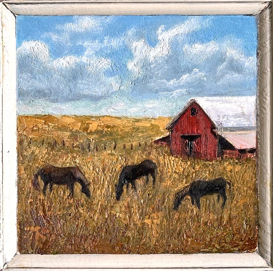 Horse Pasture Farm and Red Barn Painting - Original Oil Painting ...