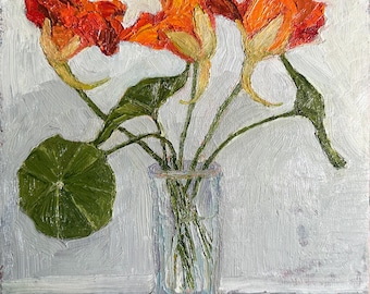 Nasturtium Oil Painting, Original Impasto Floral Still Life, Botanical Garden Flower Art (8x8)