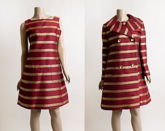 Vintage 1960s Maroon & Gold Striped Mod Shift Dress with Matching Jacket Coat - Double Breasted Buttons - Joan Leslie Joseph Magnin Medium