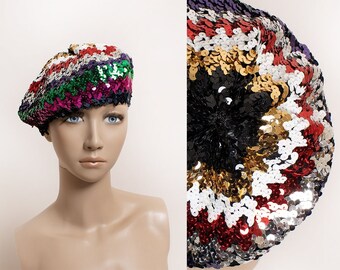 Vintage Rainbow Striped Fully Sequin Beret - Red Pink Green Black - Party Club French Beret Cap Hat - Round