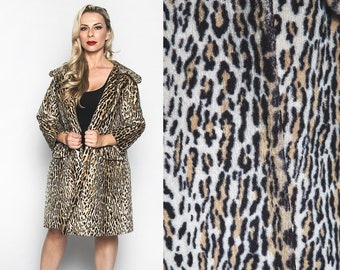 Vintage Leopard Print Coat - Joseph Magnin 1960s Faux Animal Printed Fuzzy Mod Coat - Double Breasted - Large