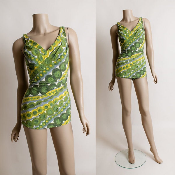 Vintage 1950s Rose Marie Reid Bathing Suit - Green & Yellow Circle Swirl Asymmetrical Swim Suit - Pin-Up Look - XS Small