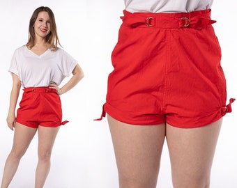 Vintage 1950s Shorts - Cherry Red Pin-Up Style Cotton High Waist Shorts with D-Rings - Rockabilly - Small Size 26" Waist