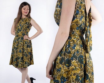 Vintage 1960s Dress - Olive Green & Navy Blue Floral Print Box Pleat Low Scoop Back Day Dress - Medium