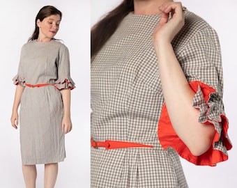 Vintage 1960s Dress - Early 60s Late 50s Gray Gingham Rhumba Ruffle Sleeve Wiggle Dress with Belt - Sue Brett - Small