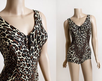 Vintage 1960s Leopard Print Corset Tie Bathing Suit - Cole of California Pin-Up Bombshell 60s 50s style Swim Suit Lace Up Cat Kitten Small