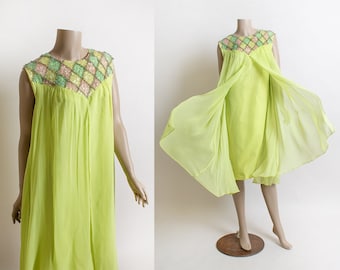 Vintage 1960s Lime Green Chiffon Cocktail Party Dress - Dreamy Flowy Wings with Sequin Harlequin Diamonds - Pastel Sleeveless Glam - Medium