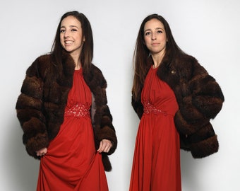 Vintage Possum Fur Coat - Chubby Jacket by Irene Sargent - 1970s Glam Formal Evening Wear - Short - Large