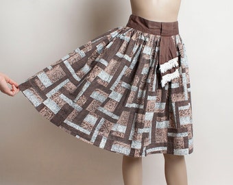 Vintage 1950s Skirt - Cocoa Brown & White Abstract Animal Print Cotton Skirt with Medallion Waist Sash - Safari - XS